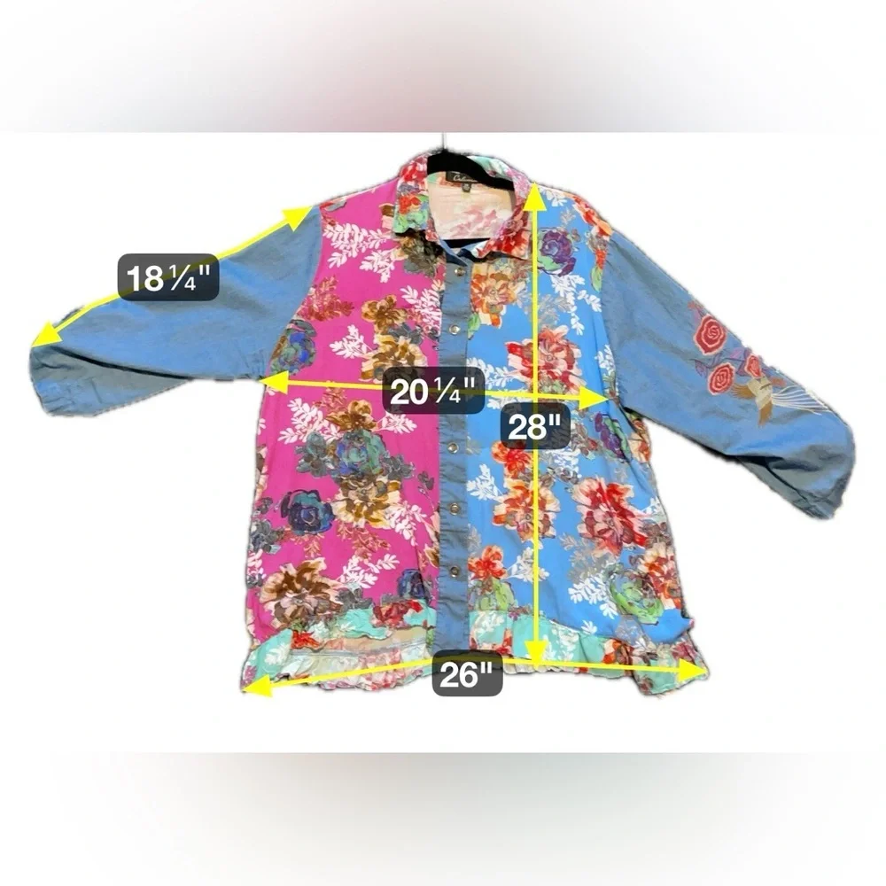 Calessa Boho Patchwork Floral Button Front Tunic Shirt Embroidered Sleeves 2X - Picture 7 of 9